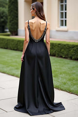 Spaghetti Straps A Line Black Wedding Guest Dress Long Formal Dress With Slit