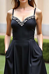 Spaghetti Straps A Line Black Wedding Guest Dress Long Formal Dress With Slit