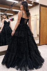 Spaghetti Straps Black Prom Dress Ruffled Long Formal Dress