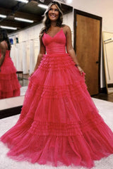 Spaghetti Straps Black Prom Dress Ruffled Long Formal Dress