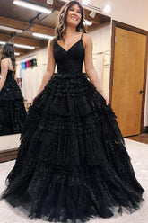Spaghetti Straps Black Prom Dress Ruffled Long Formal Dress