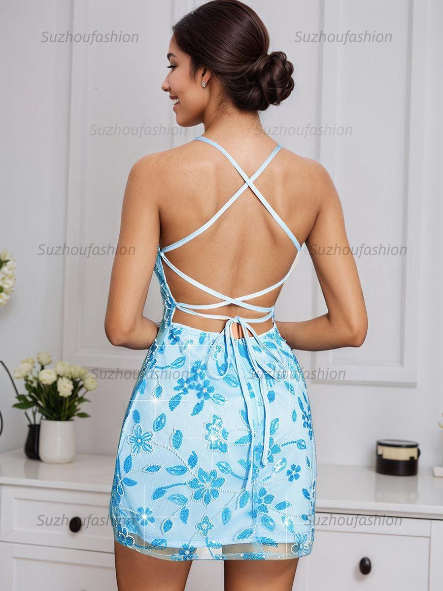 Spaghetti Straps Bodycon Beaded Floral Short Homecoming Dress