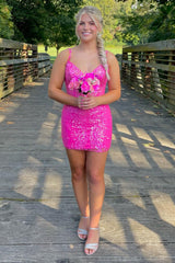 Spaghetti Straps Fuchsia Homecoming Dresses Tight Short Cocktail Dresses with Lace