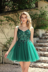 Spaghetti Straps Homecoming Dresses Sequin A Line Tulle Short Cocktail Dresses