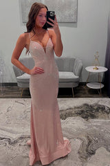 Spaghetti Straps Light Pink Prom Dress Beaded Long Formal Dress