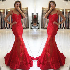 Spaghetti Straps Mermaid Red Prom Dresses Lace Appliques Sexy Evening Gowns BA6685