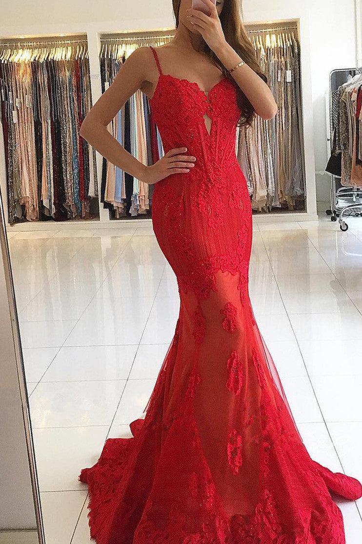 Spaghetti Straps Mermaid Red Prom Dresses Lace Appliques Sexy Evening Gowns BA6685