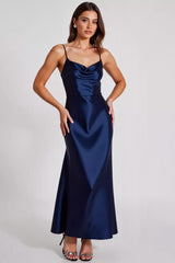 Spaghetti Straps Navy Wedding Guest Dress Satin Sheath Long Formal Dress