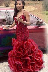 Spaghetti Straps Organza Ruffles Sexy Evening Dresses Backless V-neck Prom Gowns BA2774