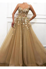 Spaghetti-Straps Princess Prom Dresses | Gorgeous Strapless Flowers Tulle Evening Gowns