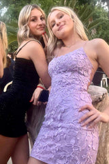 Spaghetti Straps Purple Homecoming Dresses Tight Short Cocktail Dresses with Appliques