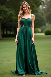 Spaghetti Straps Square Neck Dark Green Wedding Guest Dress Long Formal Dress