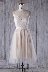 Spaghetti Straps Tulle Nude Pink Lace Short Prom Dresses