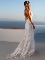 Spaghetti Straps Tulle V Neck Appliques Backless Mermaid Beach Wedding Dresses