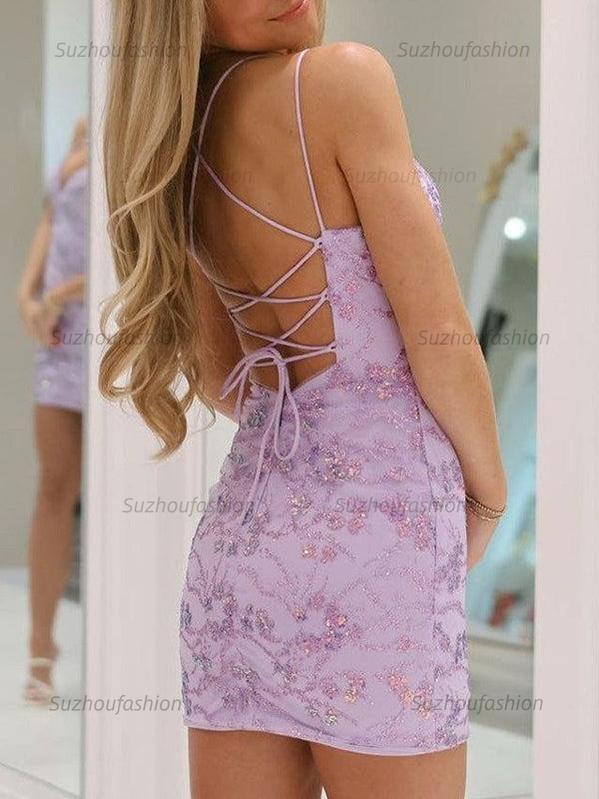 Spaghetti Straps V-Neck Appliques Tight Homecoming Dress
