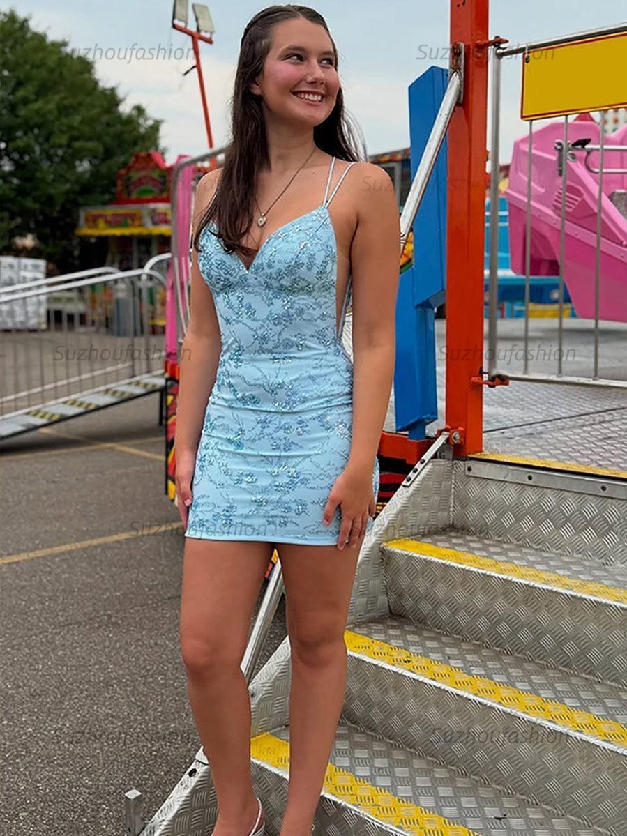 Spaghetti Straps V-Neck Appliques Tight Homecoming Dress