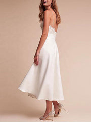 Spaghetti Straps V Neck Lace Tea-Length Ruffles Beach Wedding Dresses