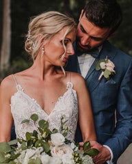 Spaghetti Straps V-neck Simple Beach Wedding Dress with Floral Lace