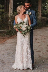 Spaghetti Straps V-neck Simple Beach Wedding Dress with Floral Lace