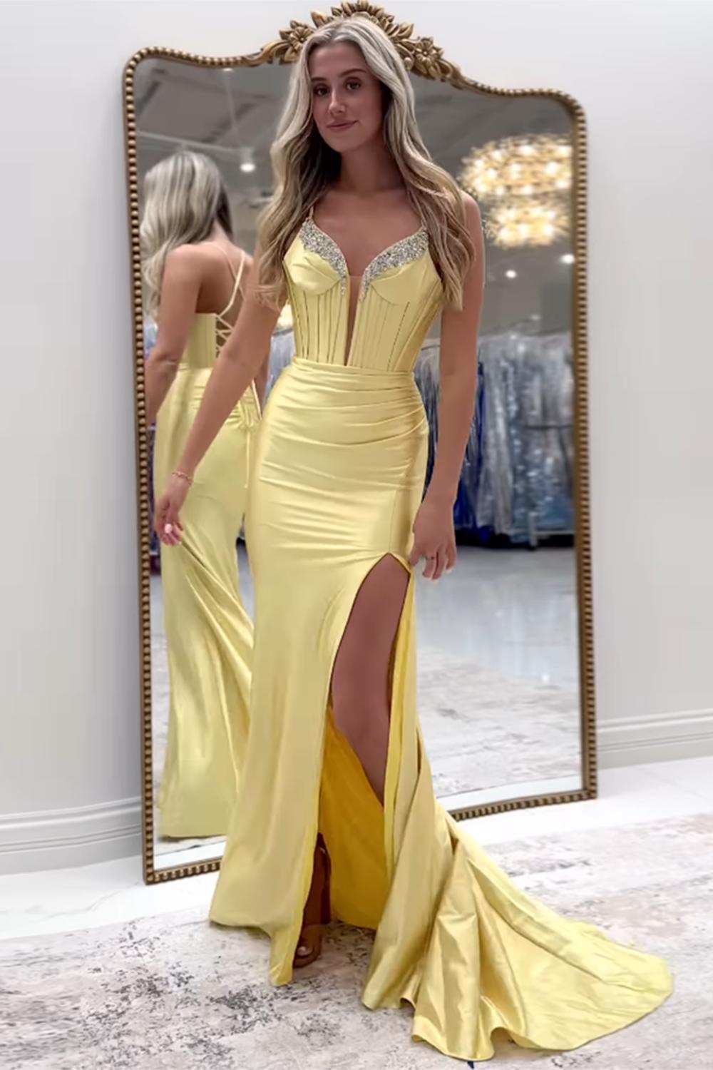 Suzhoufashion Spaghetti Straps Yellow Prom Dress Mermaid Corset Formal Dress With Slit suzhoufashion Suzhoufashion Spaghetti Straps Yellow Prom Dress Mermaid Corset Formal Dress With Slit suzhoufashion