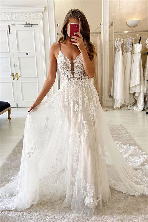 Spaghetti-straps A-line Tulle Wedding Dresses | Lace Appliques V-neck Bridal Gowns