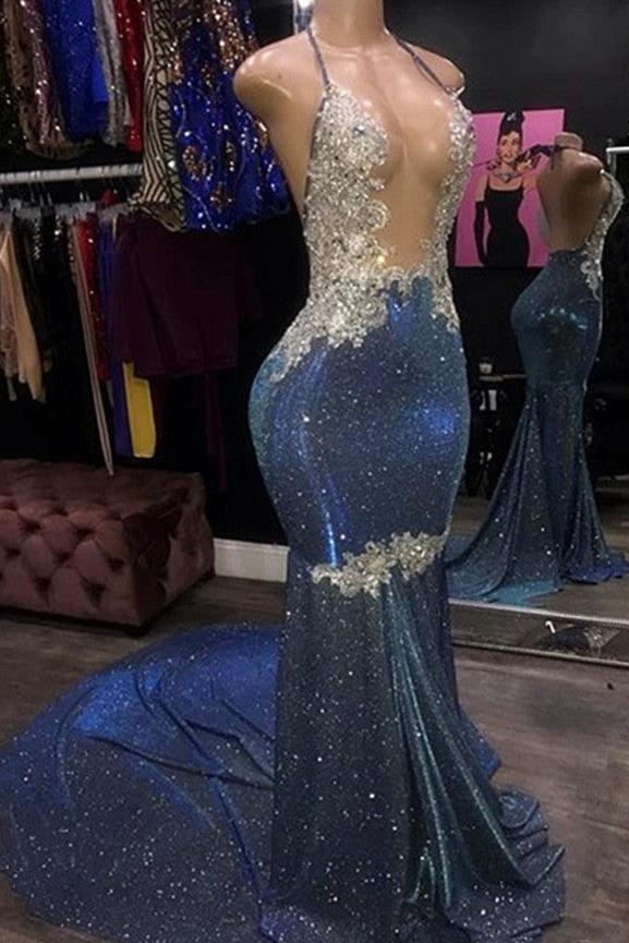 Sparkle Blue Sexy Prom Dresses | Mermaid Silver Aplliques Long Evening Gowns