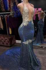 Sparkle Blue Sexy Prom Dresses | Mermaid Silver Aplliques Long Evening Gowns