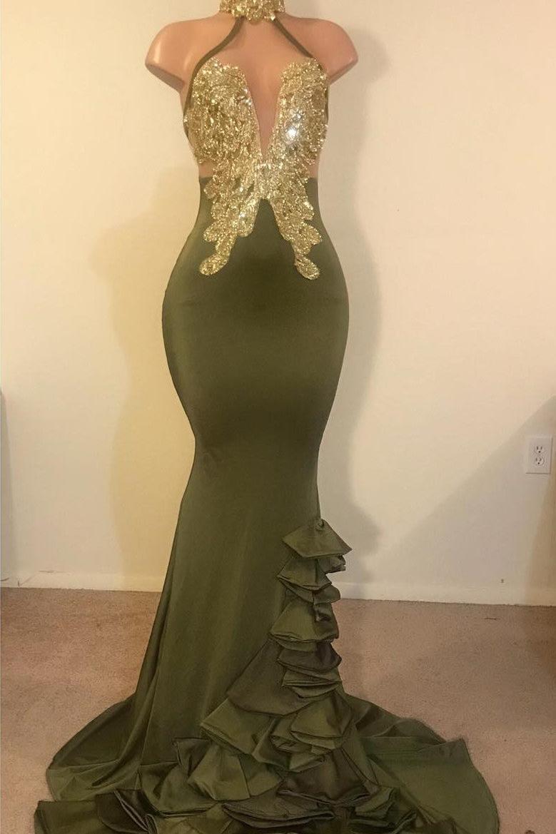 Sparkle Gold Appliques Sexy Prom Dress on Mannequins | Mermaid Ruffles Halter Evening Gowns BC0988