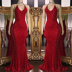 Sparkle Sequins Sexy Red Prom Dresses Backless Formal Evening Gowns BC1085