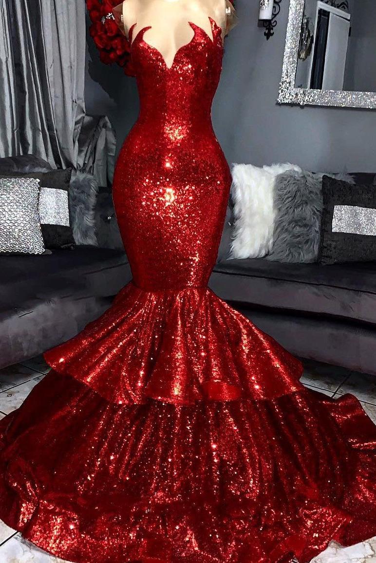 Sparkling Sequins Mermaid Tiered Sleeveless Sexy Red Prom Dresses on Mannequins