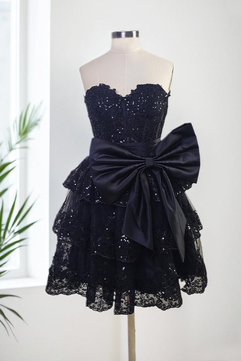 Sparkly A Line Sweetheart Corset Tiered Ruffle Homecoming Dress with Bows