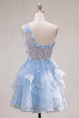 Sparkly Blue Short Beaded Keyhole Corset Floral A Line Homecoming Dress with Ruffles