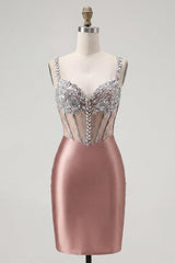 Sparkly Blush Spaghetti Straps Beaded Corset Tight Short Homecoming Dress