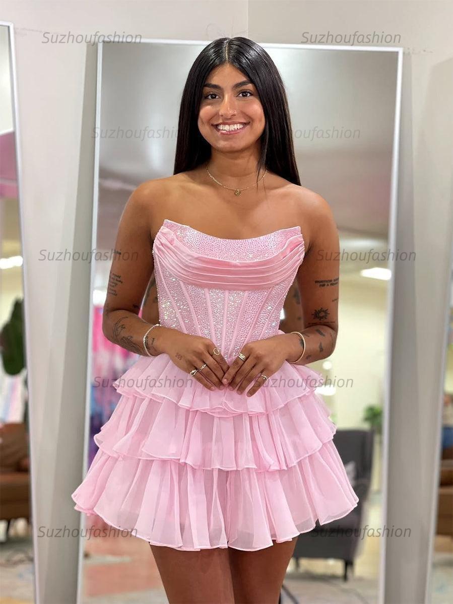 Sparkly Corset A Line Short Beaded Homecoming Dress with Ruffles