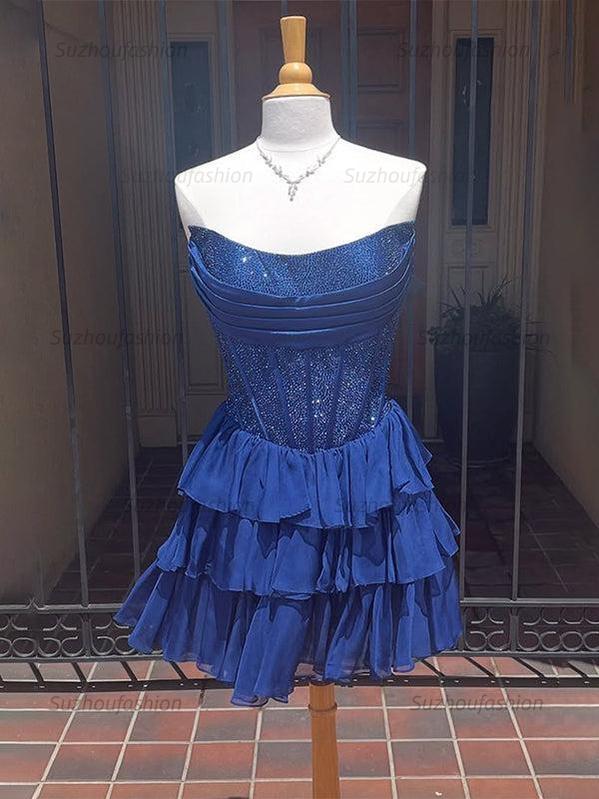Sparkly Corset A Line Short Beaded Homecoming Dress with Ruffles