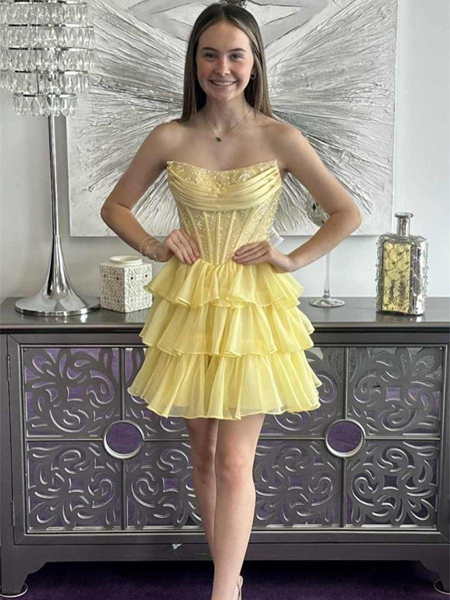 Sparkly Corset A Line Short Beaded Homecoming Dress with Ruffles