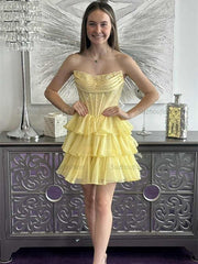 Sparkly Corset A Line Short Beaded Homecoming Dress with Ruffles
