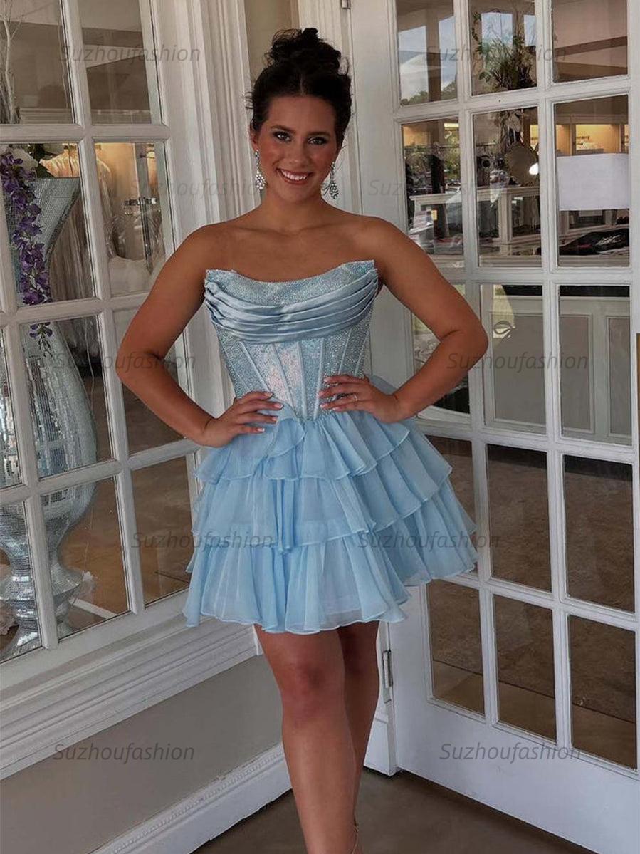 Sparkly Corset A Line Short Beaded Homecoming Dress with Ruffles