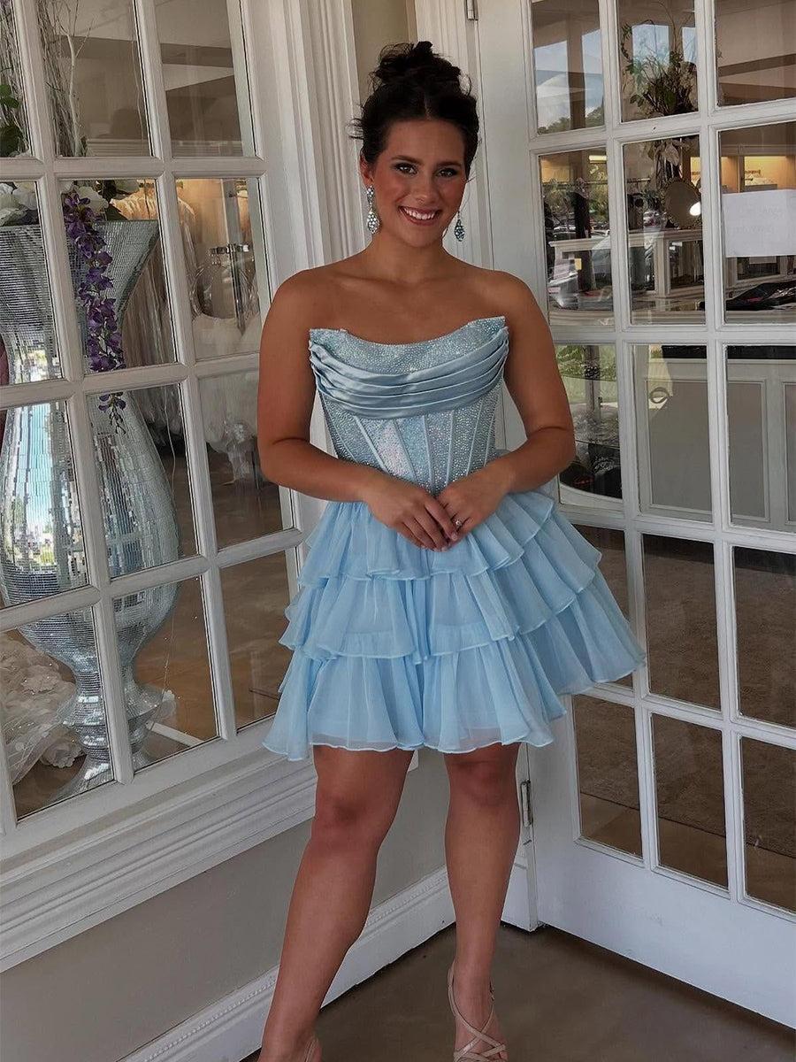 Sparkly Corset A Line Short Beaded Homecoming Dress with Ruffles