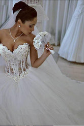 Sparkly Crystal Ball Gown Corset Wedding Dress with Beadings Sweetheart Tulle Princess Bridal Gown