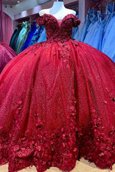 Sparkly & Glitter Ball Gown Off Shoulder Floral Appliques Red Tulle Quinceanera Dress Princess Birthday Party Gown For Sweet 16