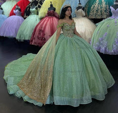 Sparkly & Glitter Ball Gown Sweetheart Neck Sleeveless Beaded Sage Tulle Green Quinceanera Dress Formal Evening Party Gown For Sweet 16