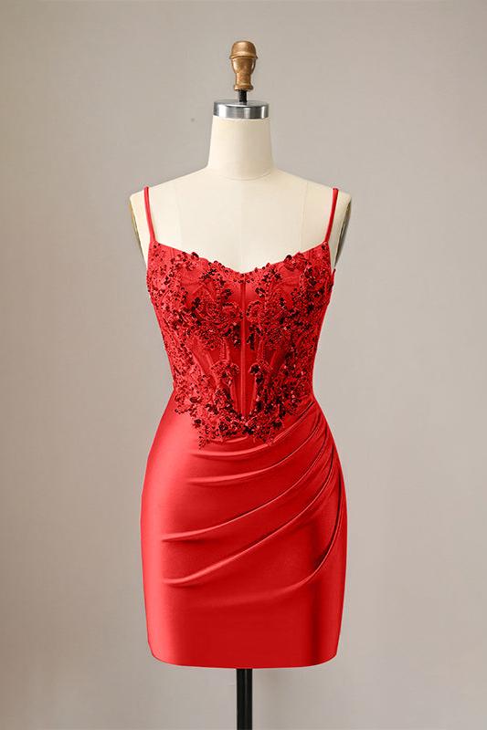 Sparkly Glitter Spaghetti Straps Sequins Pleated Corset Homecoming Dress