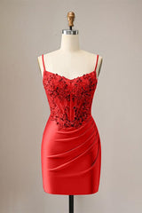 Sparkly Glitter Spaghetti Straps Sequins Pleated Corset Homecoming Dress