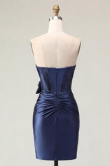 Sparkly Navy Basque Waist Beaded Corset Tight Short Homecoming Dress with Bow