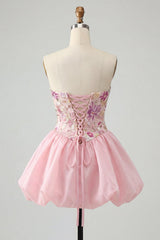 Sparkly Pink A Line Strapless Beaded Floral Short Homecoming Dress