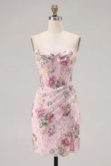 Sparkly Pink Floral Corset Tight Short Ruched Beaded Homecoming Dress with Slit