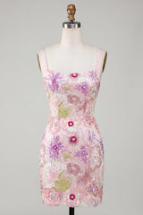 Sparkly Pink Spaghetti Straps Sequin Floral Tight Short Homecoming Dress