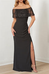Sparkly A Line Long Mother of the Bride Dress with Portrait Neckline