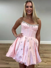 Sparkly Satin A Line Short Corset Homecoming Dress with Rhinestones